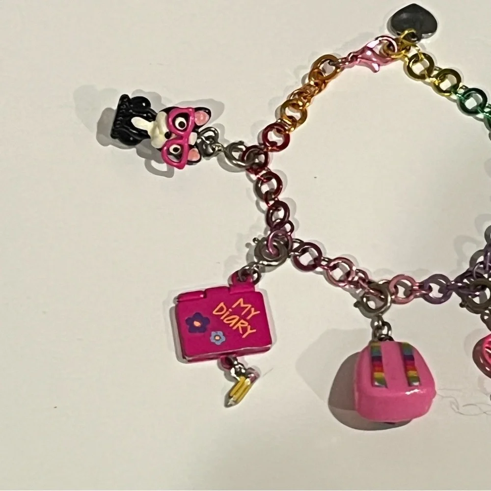 Charm It! Rainbow Charm Bracelet w/ 6 Charms Diary, Bike, Backpack, Heart, Cat
